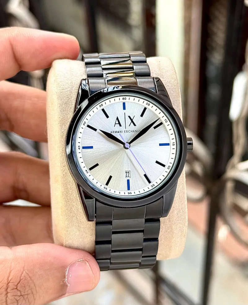 Armani Exchange AX2858 – Black Steel with Silver Sunburst Dial