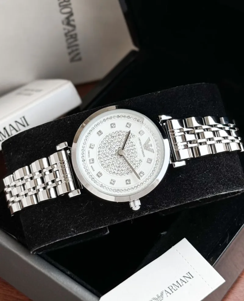 Emporio Armani Ladies Watch Silver Strap & White Dia
