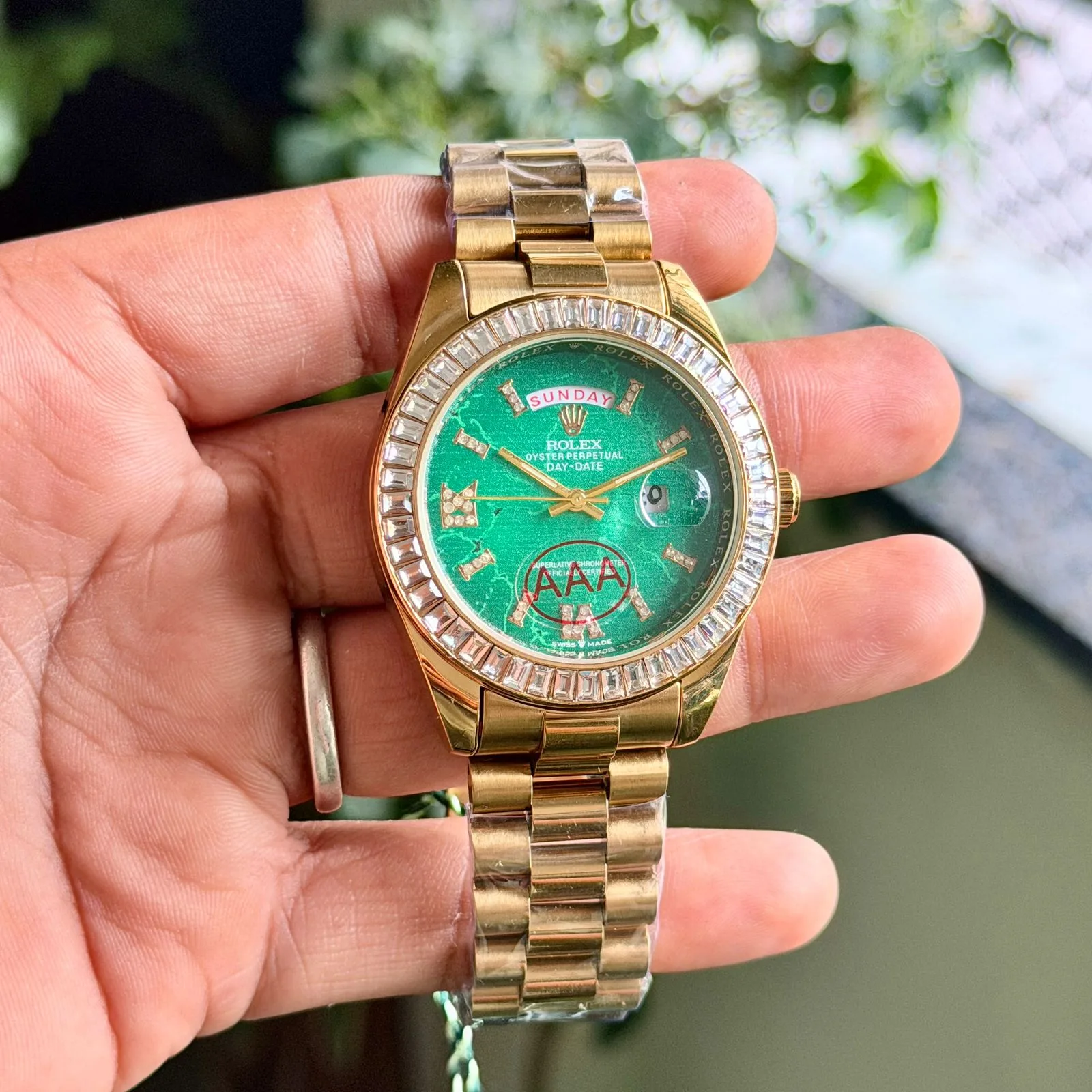 first copy watches Watches Rolex Day-Date Eisenkiesel Green Dial Diamond Bezel Premium Rolex Day-Date Eisenkiesel Green Dial Diamond Bezel