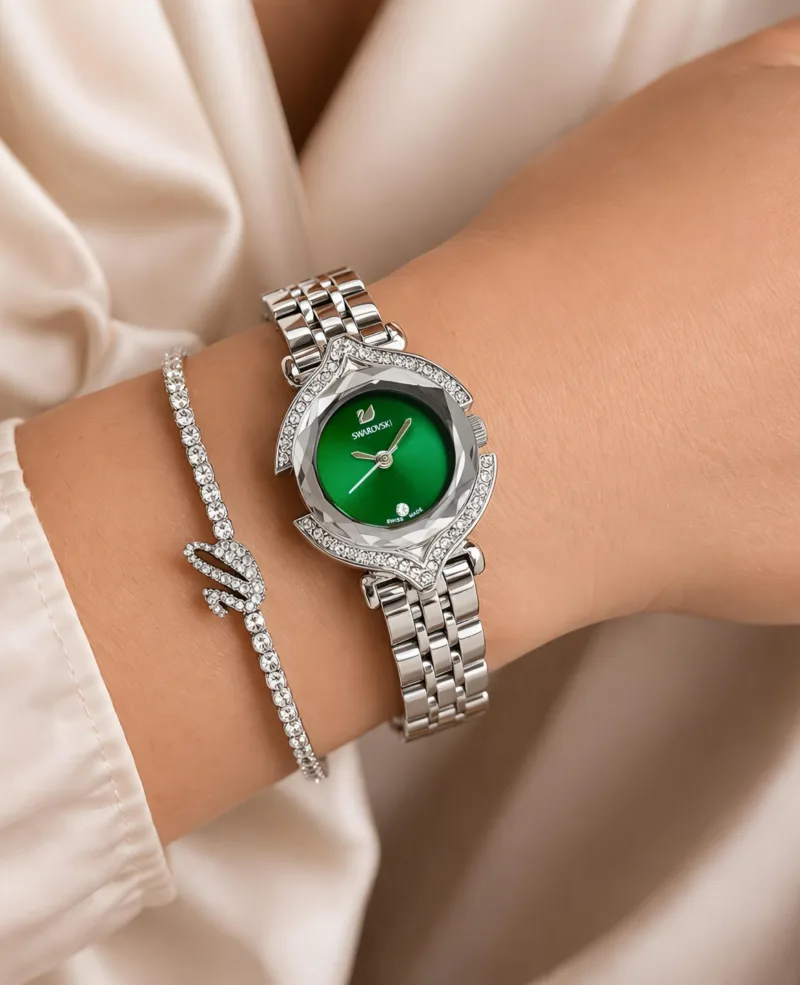 Swarovski Green Sunburst Dial with Crystal Bezel