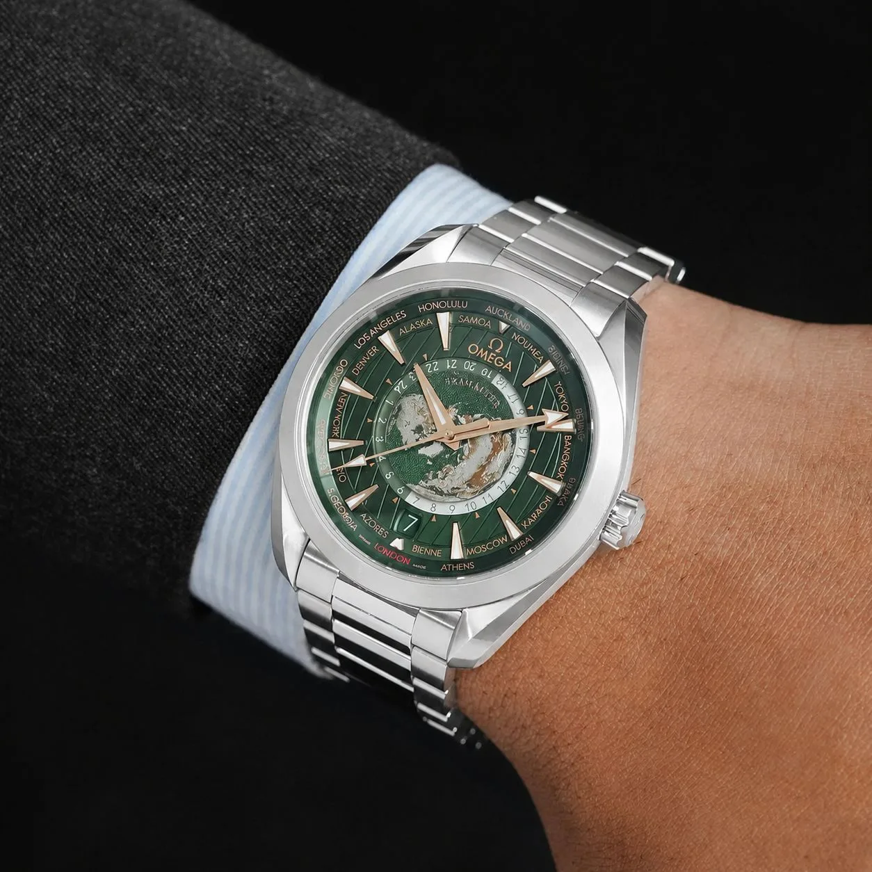 first copy watches Omega Seamaster Aqua Terra World Map Green dial Premium Watch Store Omega Seamaster Aqua Terra World Map Green dial