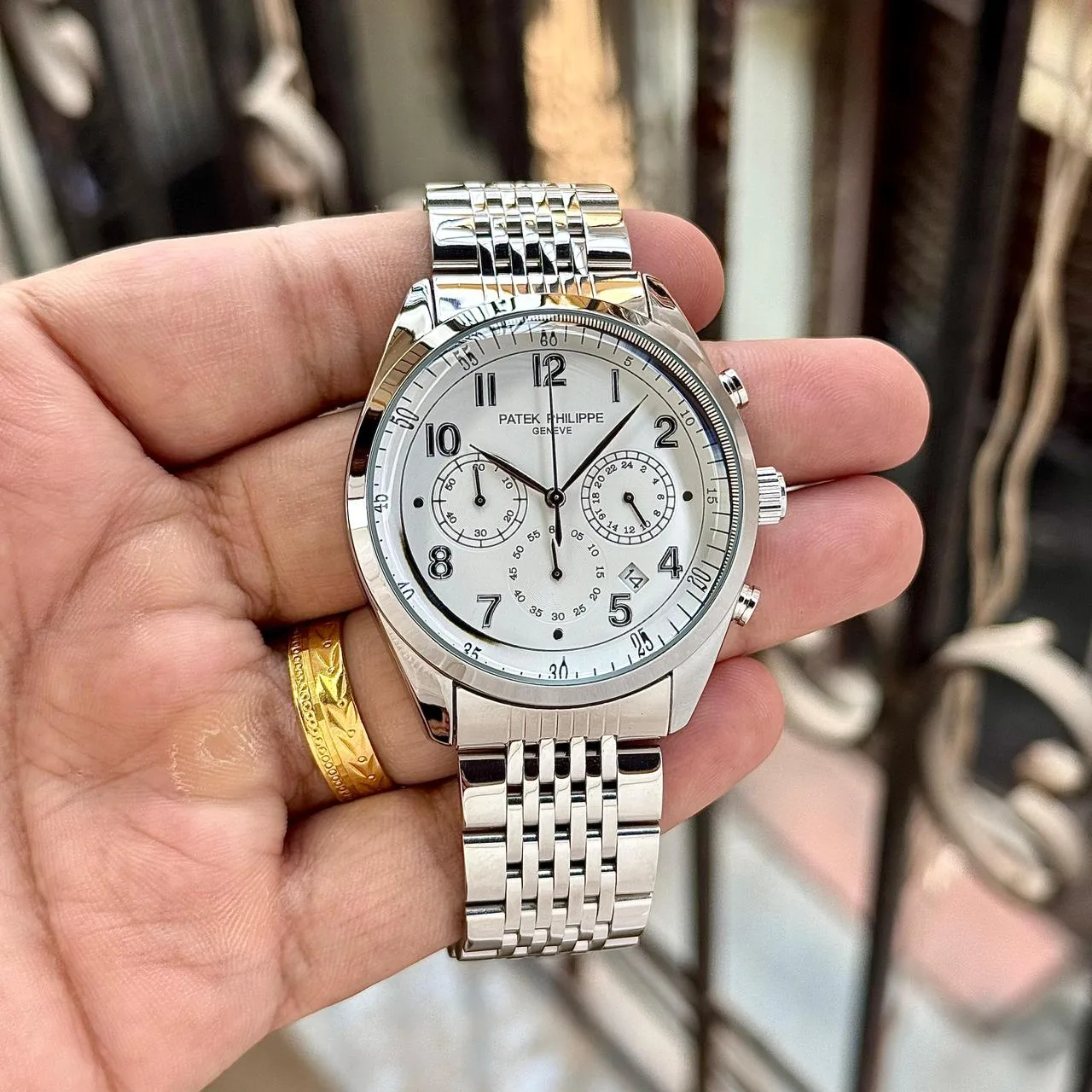 men Patek Philippe Chronograph Silver Dial