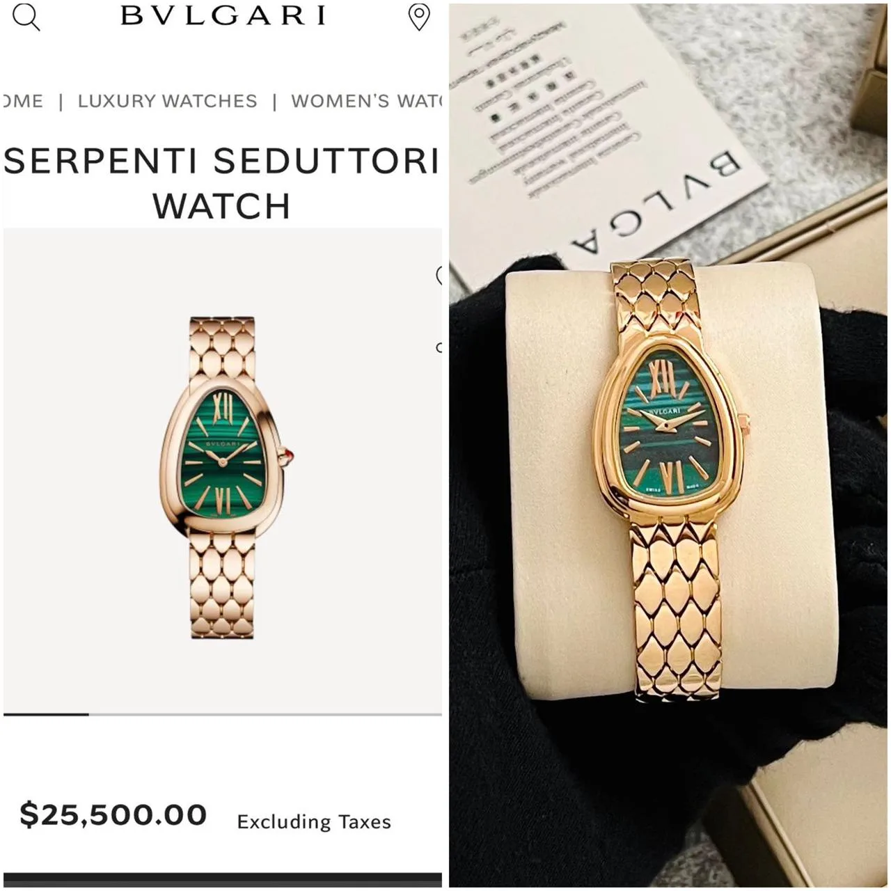Bvlgari Serpenti Malachite Dial & Rose-Gold-Tone