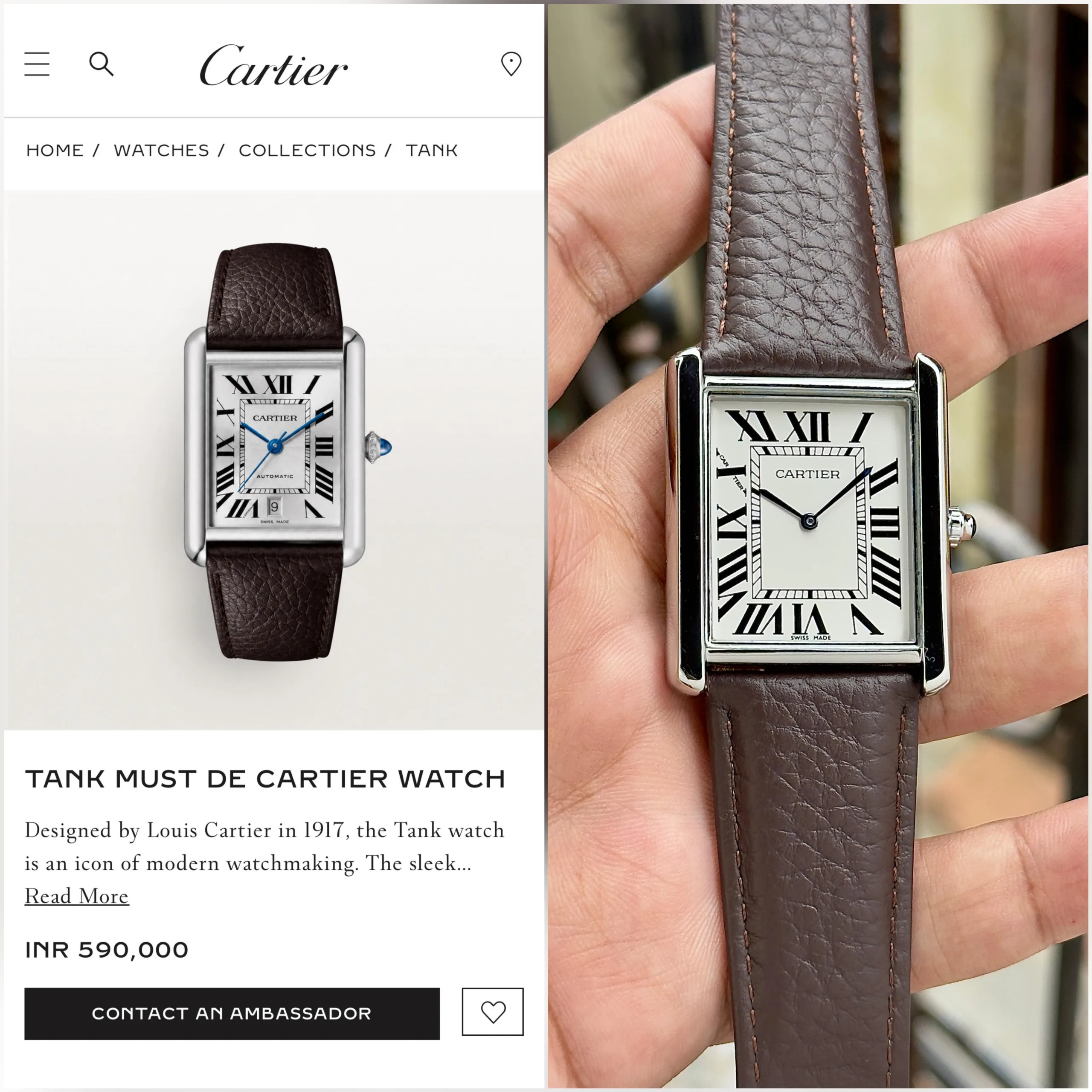 men Cartier Tank Must Rectangular with Brown Leather Strap