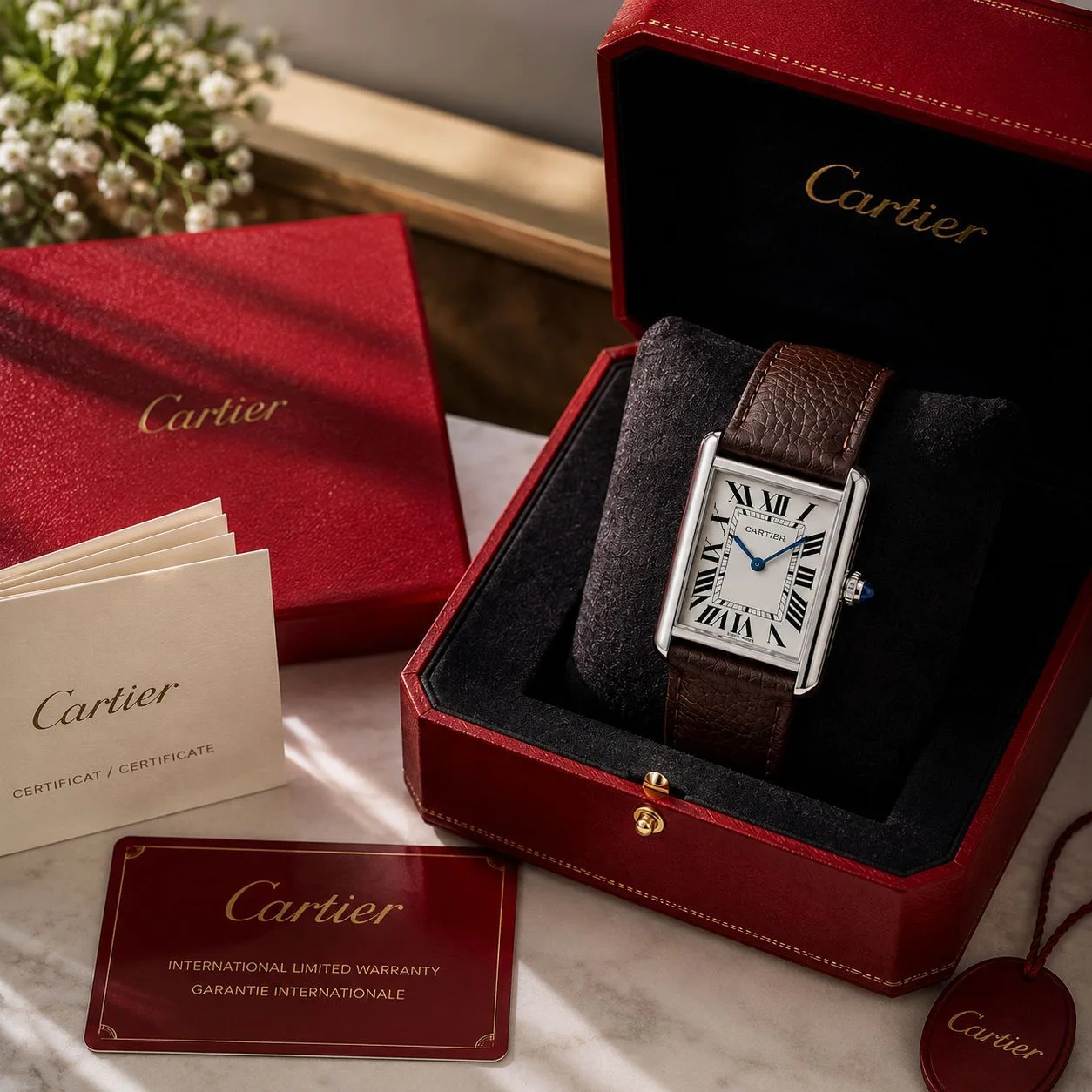 men Cartier Tank Must Rectangular with Brown Leather Strap