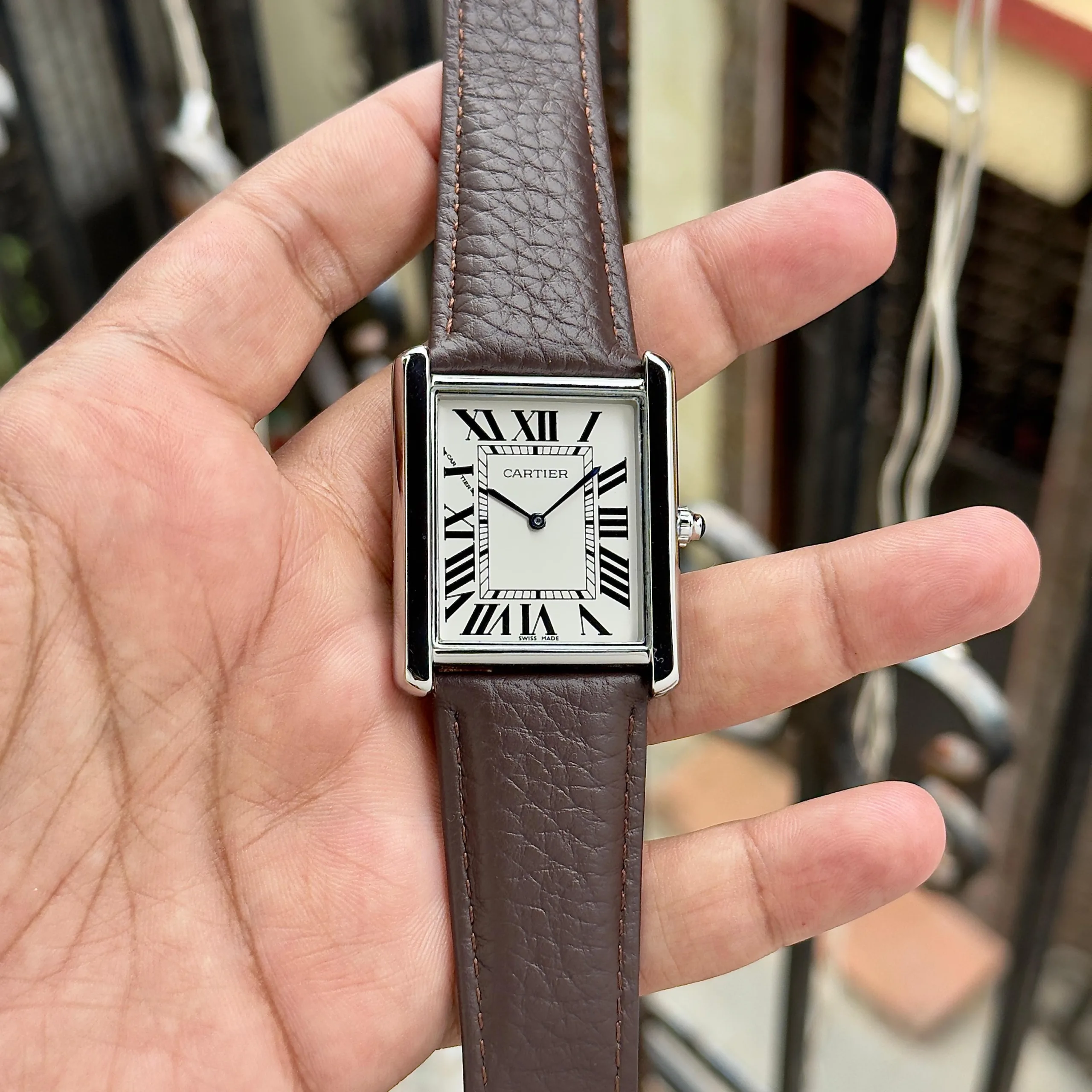 men Cartier Tank Must Rectangular with Brown Leather Strap