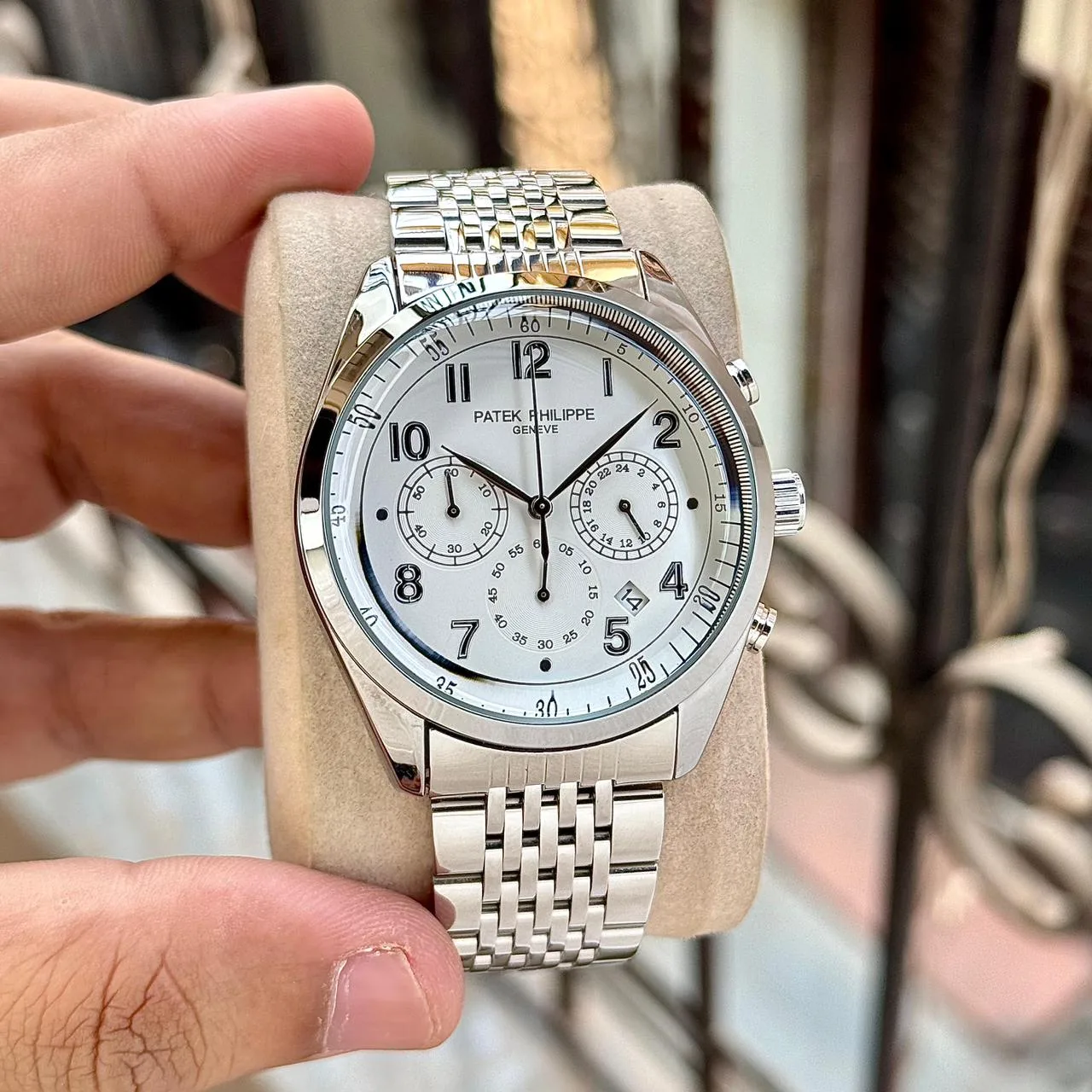 men Patek Philippe Chronograph Silver Dial